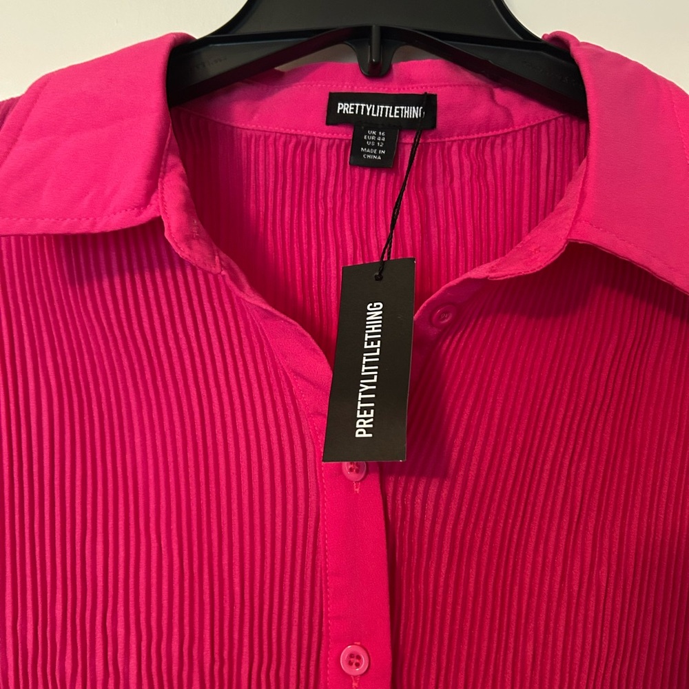 PrettyLittleThing Pink Plisse Button-Up Shirt